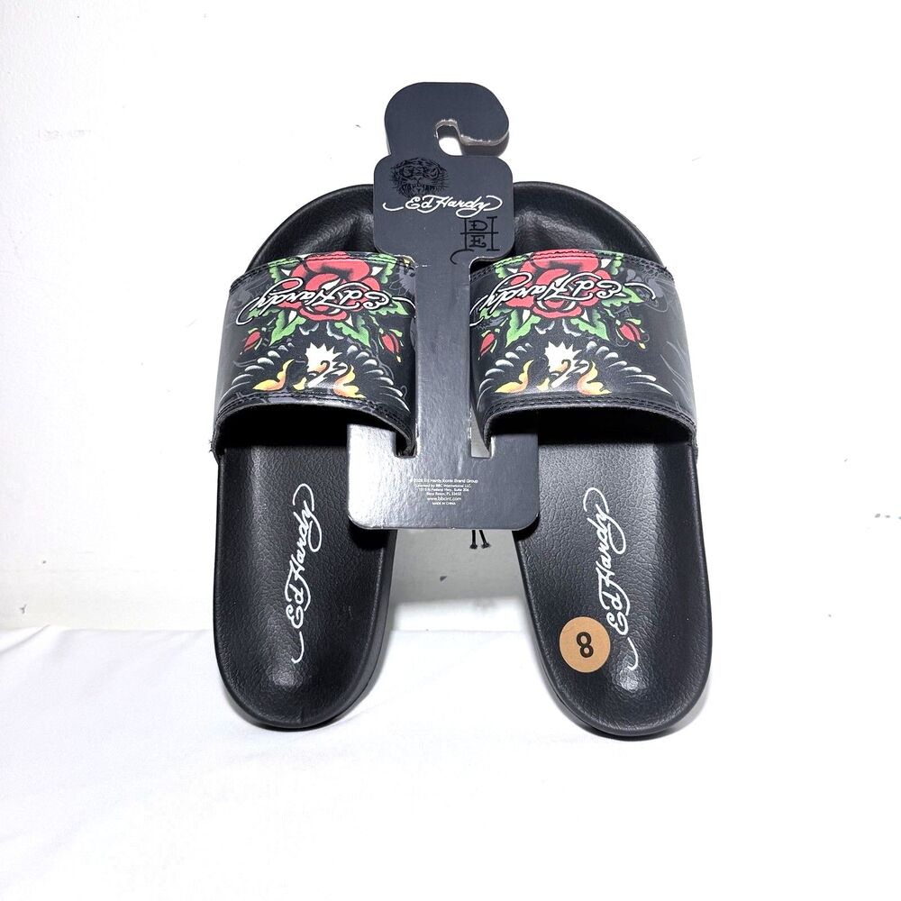 Ed Hardy Traditional Eagle Red Rose Tattoo Slides Sandal Men’s Size 8 NWT